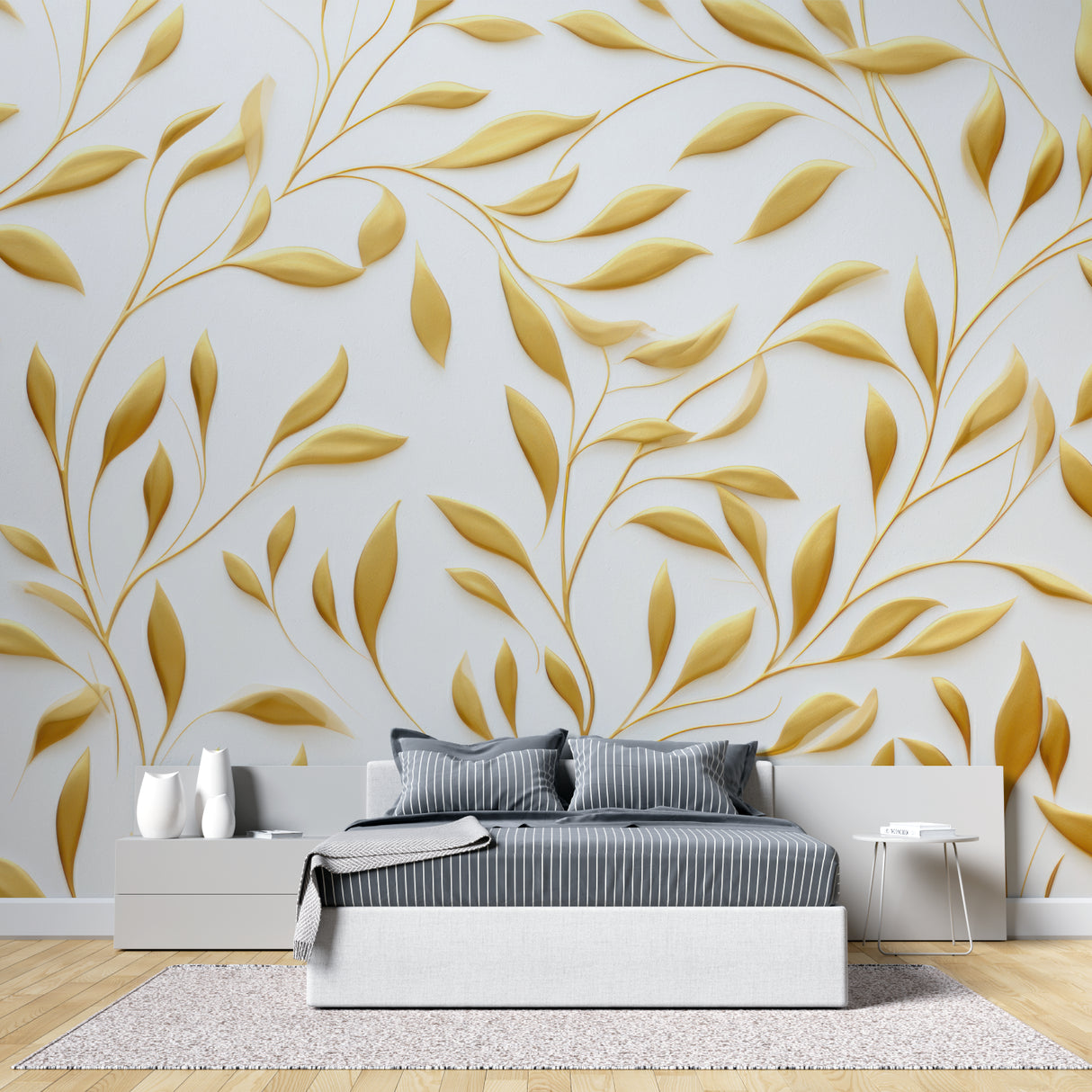 Elegant gold foliage wallpaper featured in master bedroom with luxury furniture