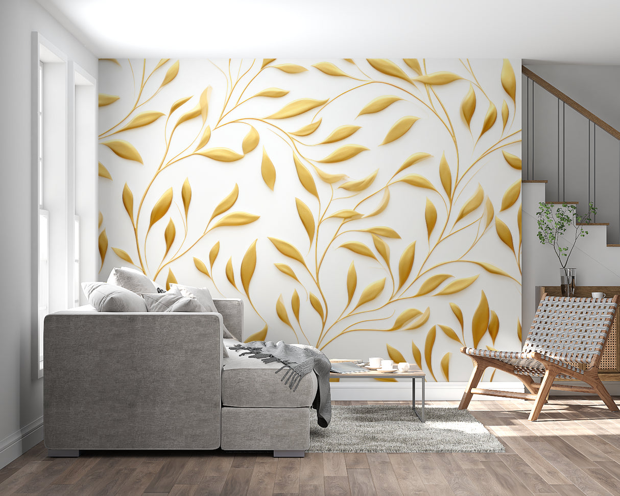 White and gold leaf wall mural in dining room with contemporary decor