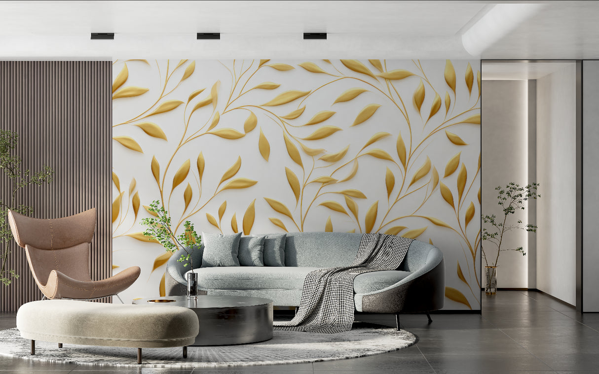 Metallic gold leaf wallpaper bringing luxury to home office space