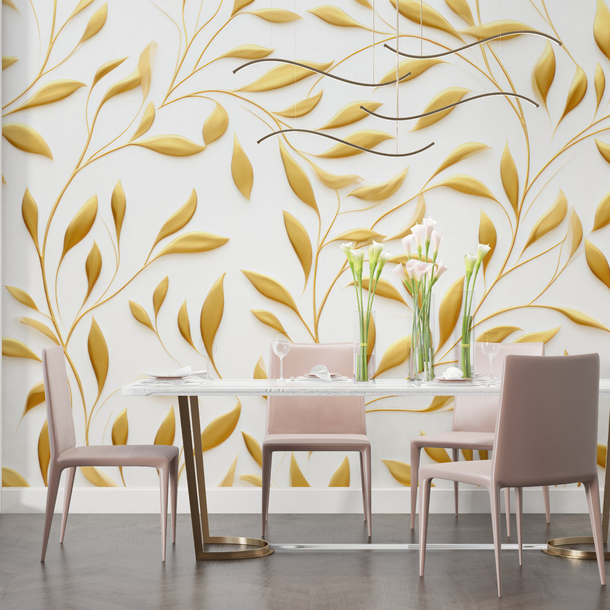 Gold foliage wallpaper creating elegant atmosphere in hallway