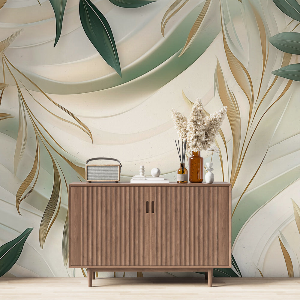 Luxury Foliage Wallpaper creating a calm atmosphere in a modern living room with soft natural lighting