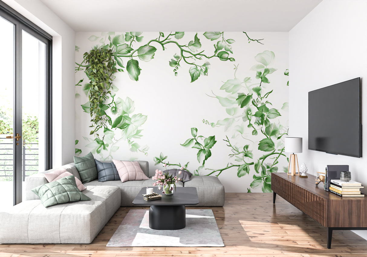 Green botanical pattern enhancing minimalist entrance hall