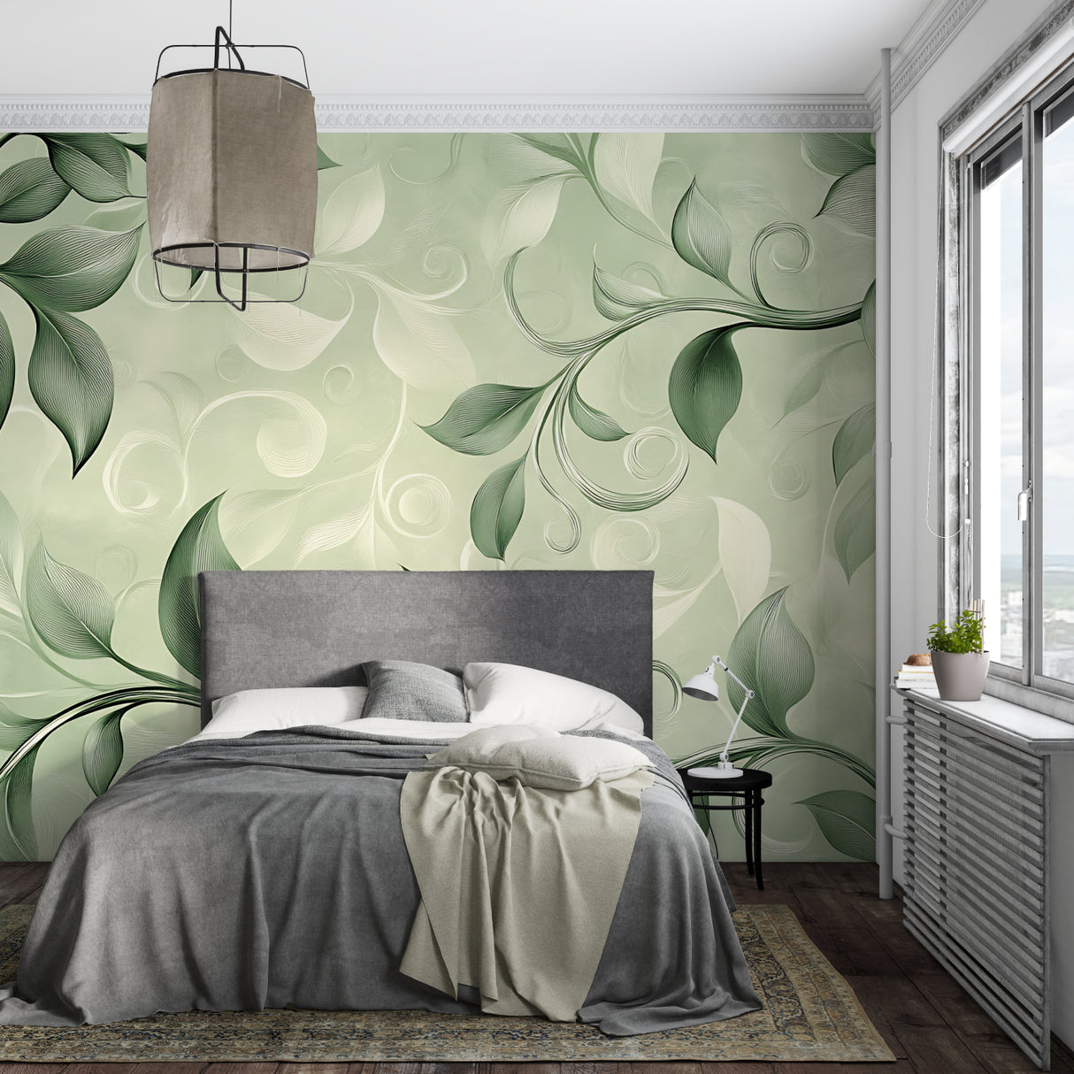 Green botanical wallpaper in modern living room showing leaf pattern detail