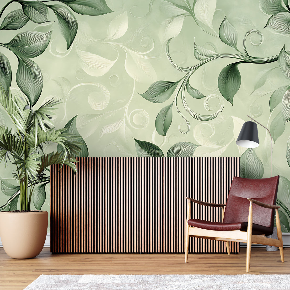 Elegant foliage wallpaper mural in bright dining room setting