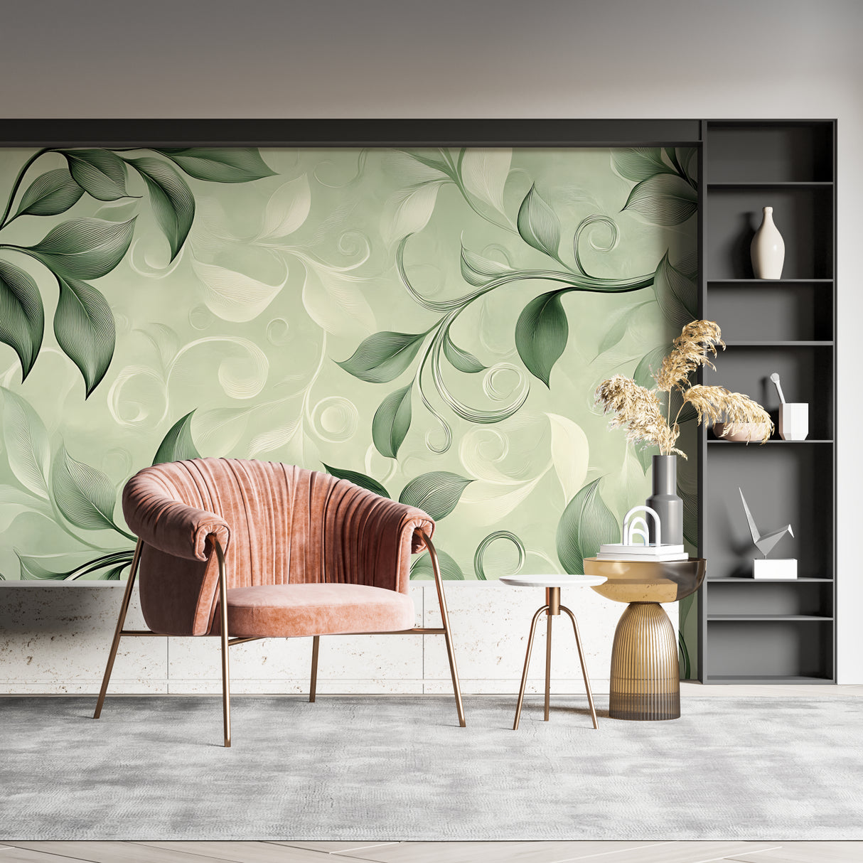 Nature-inspired green leaf wallpaper in cozy bedroom corner