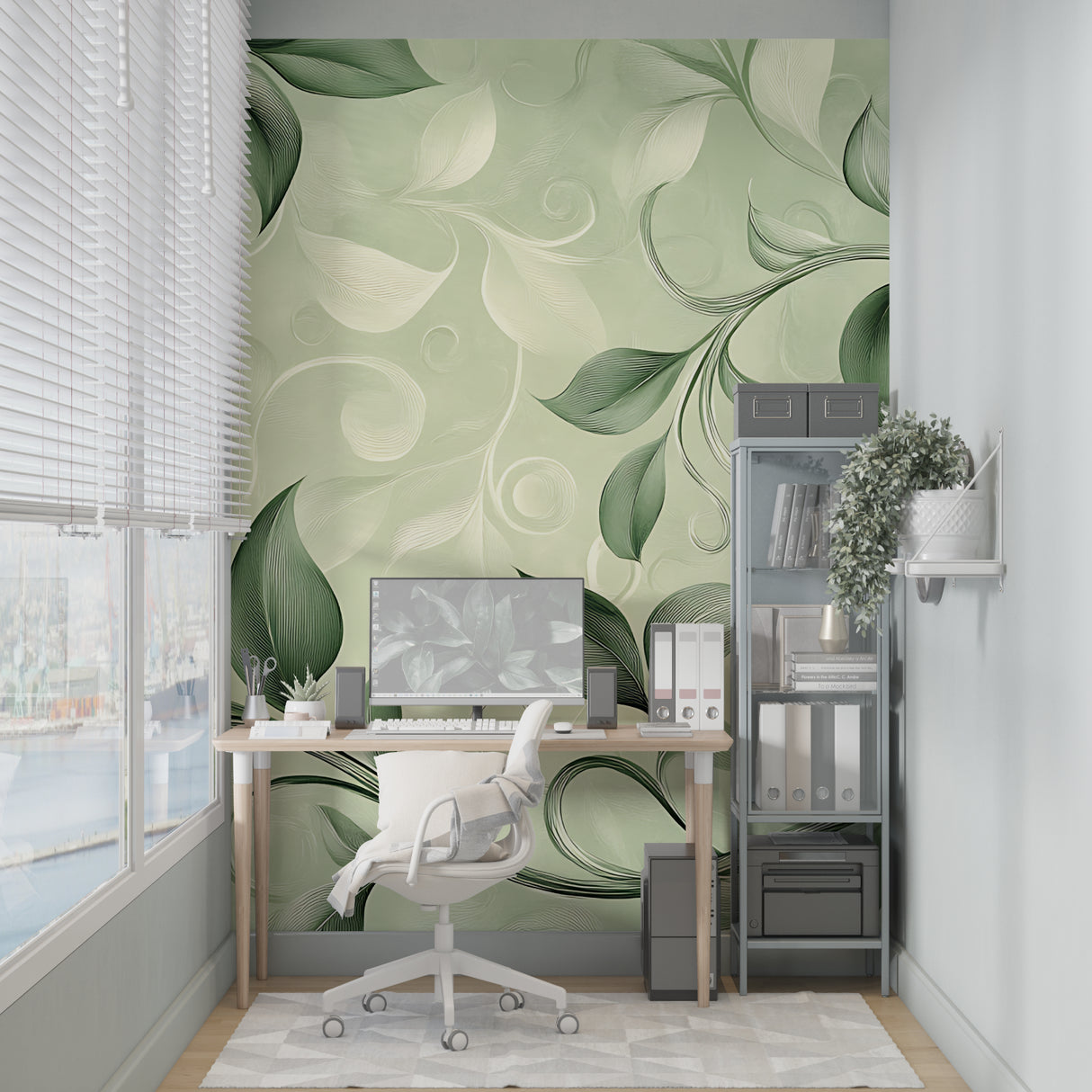 Botanical wall mural featuring green swirls in home office space