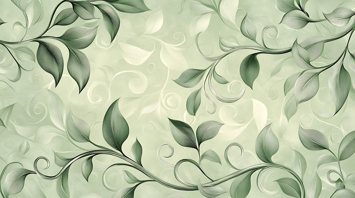 Design file of green botanical wallpaper pattern showing intricate leaf details and swirls