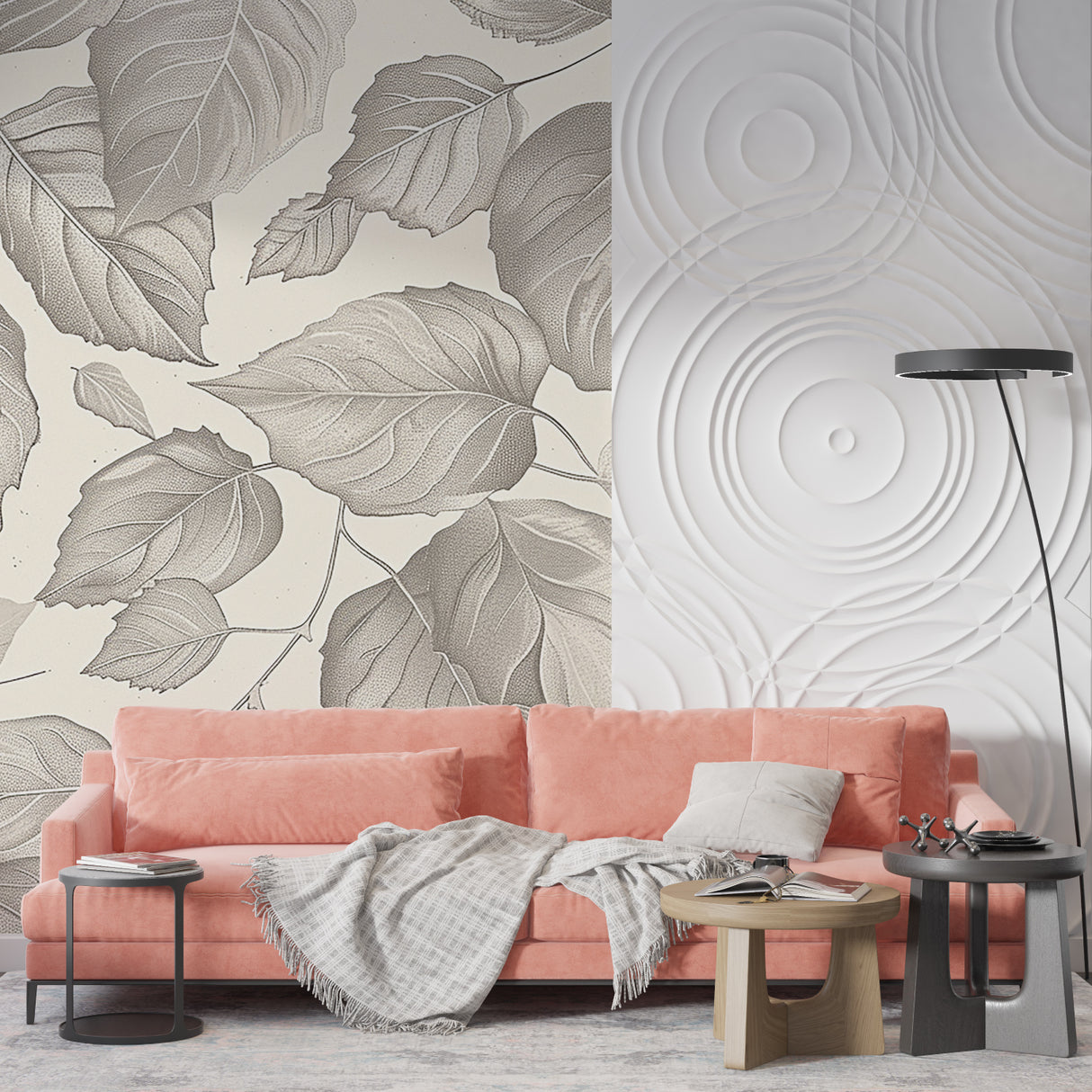 Grey leaf wallpaper mural in modern living room showing scale and elegant pattern