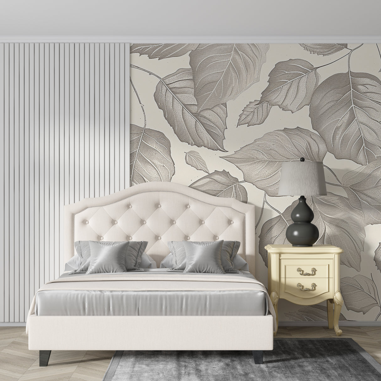 Botanical grey wallpaper creating calm atmosphere in master bedroom