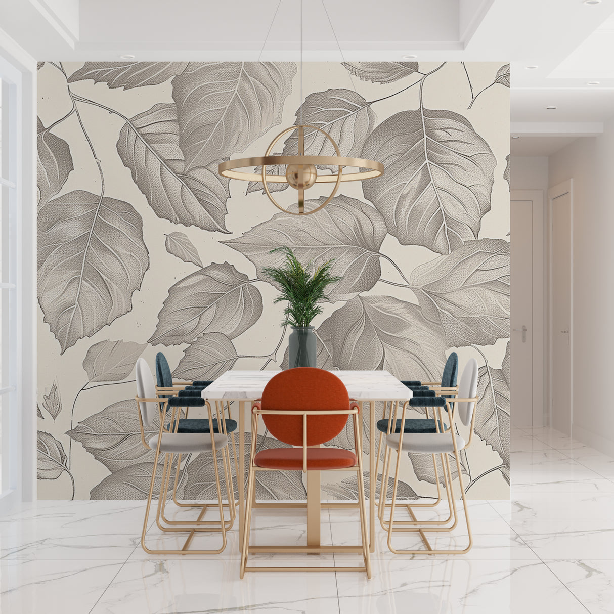 Grey foliage wallpaper in dining room showcasing sophisticated leaf design
