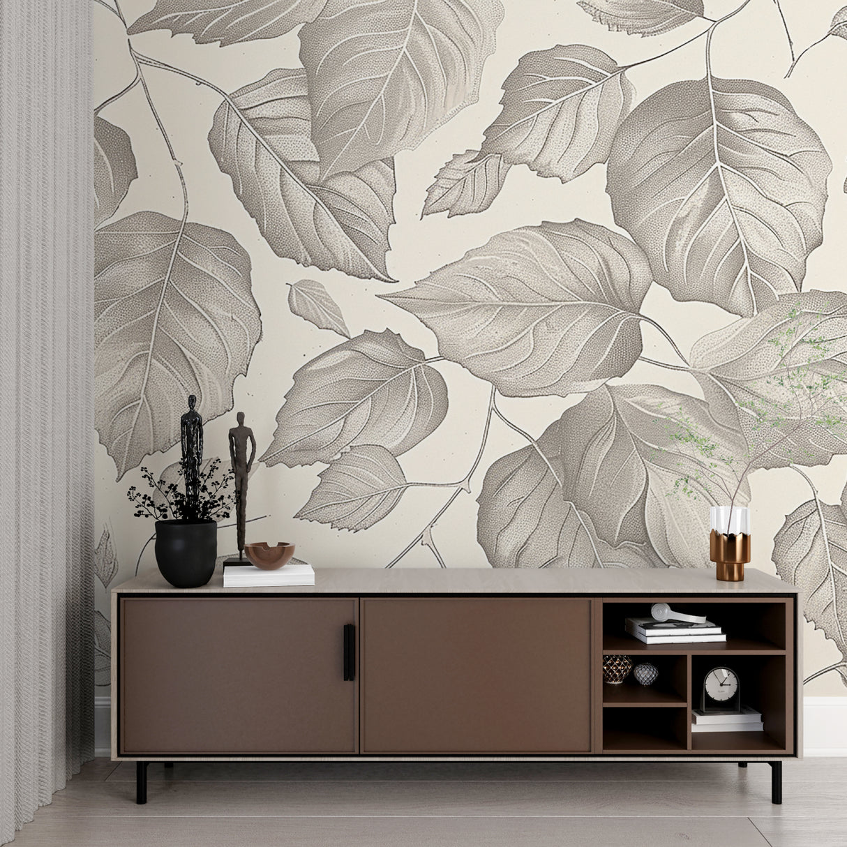 Nature-inspired grey leaf mural adding depth to home office space