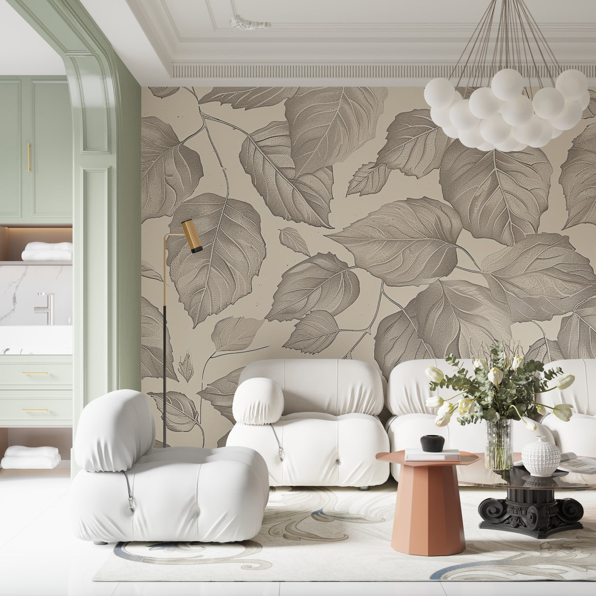 Elegant grey botanical wallpaper transforming entryway with subtle pattern