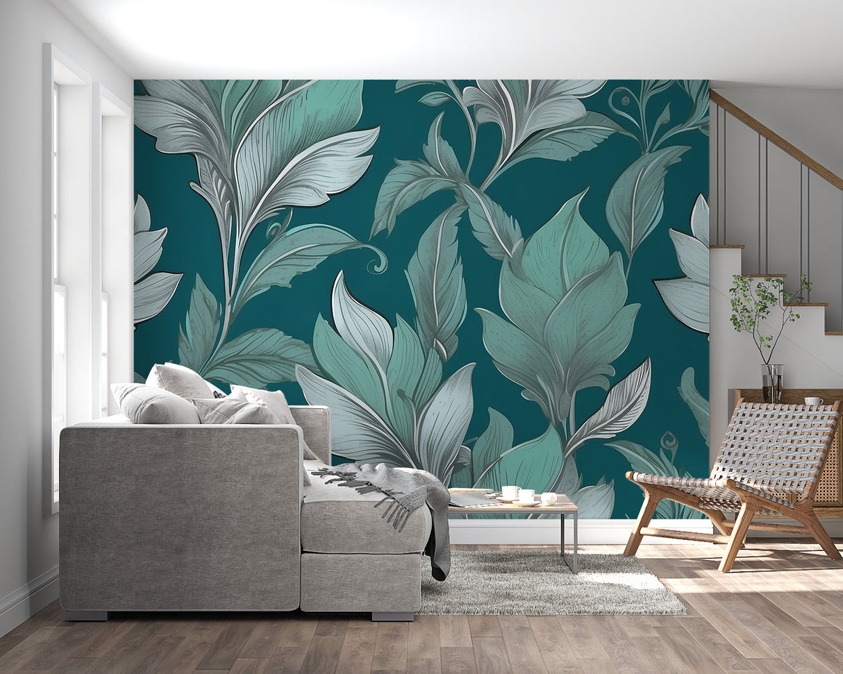 Botanical wallpaper mural with silver leaves in modern living room showing scale and movement