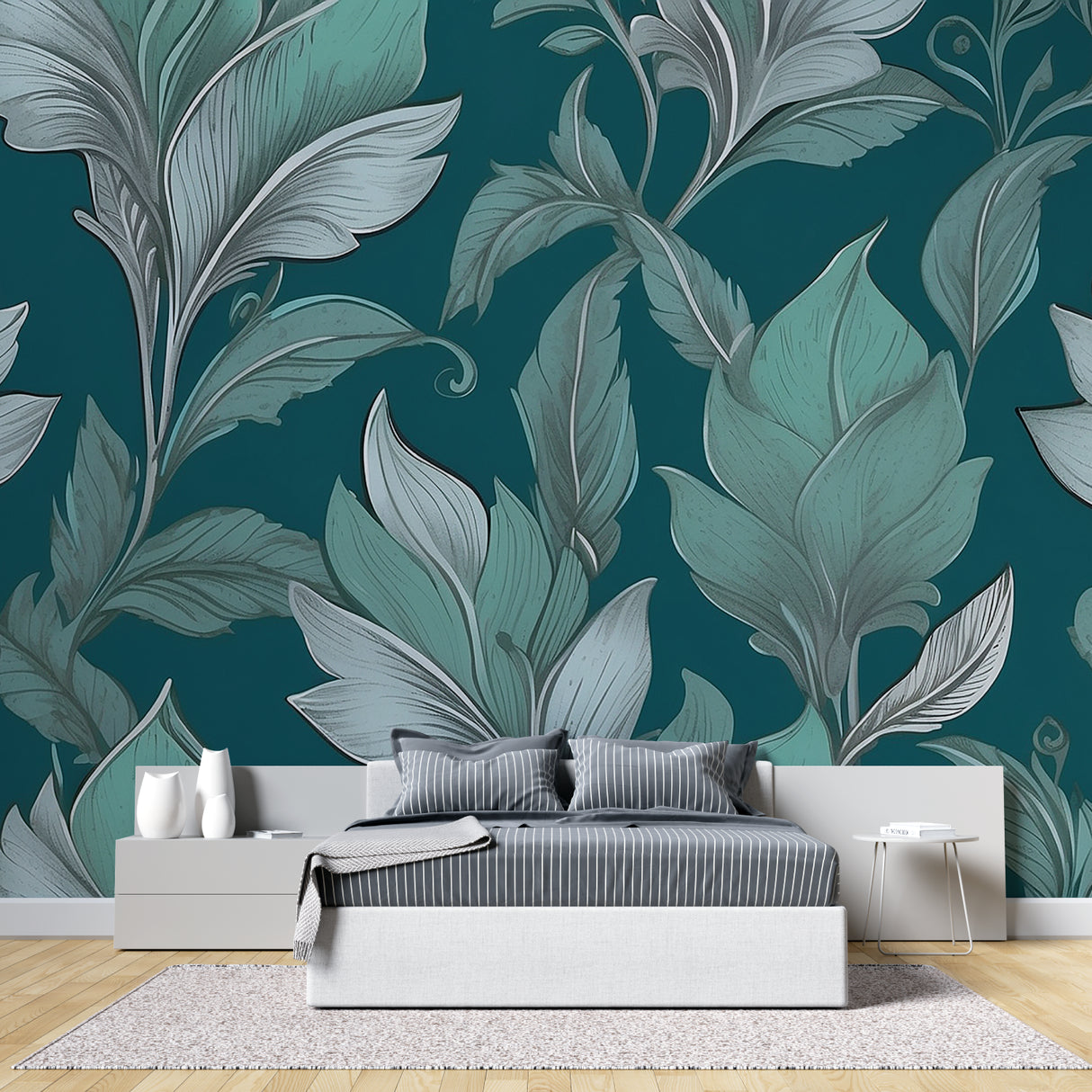 Teal and silver leaf wallpaper creating calm atmosphere in master bedroom