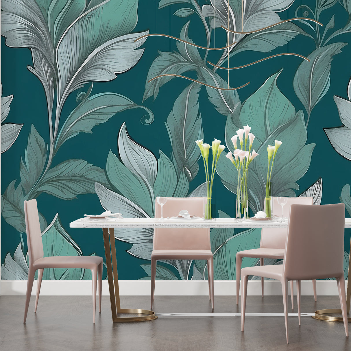 Elegant botanical mural featuring silver leaves in dining room setting