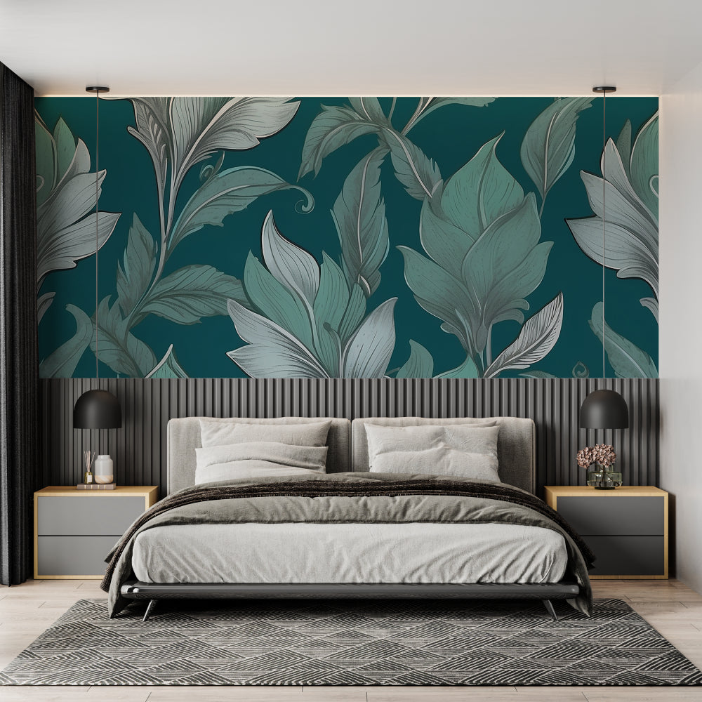 Nature-inspired wallpaper with teal background in home office space