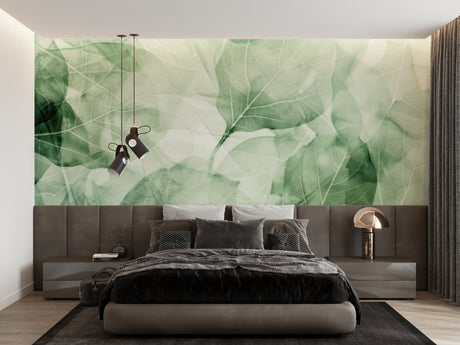 Botanical leaf wallpaper creating a serene atmosphere in a modern living room with natural light