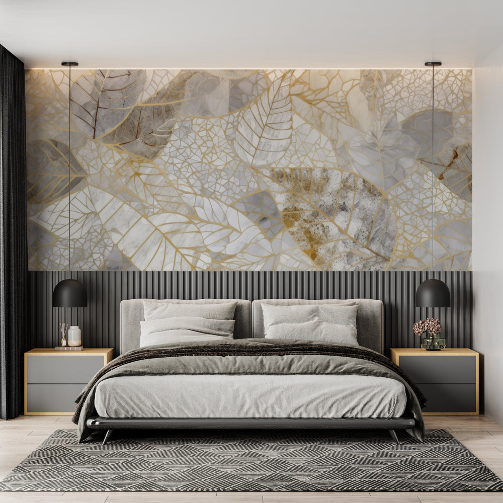 Gold and grey leaf wallpaper in modern living room with natural light highlighting metallic details