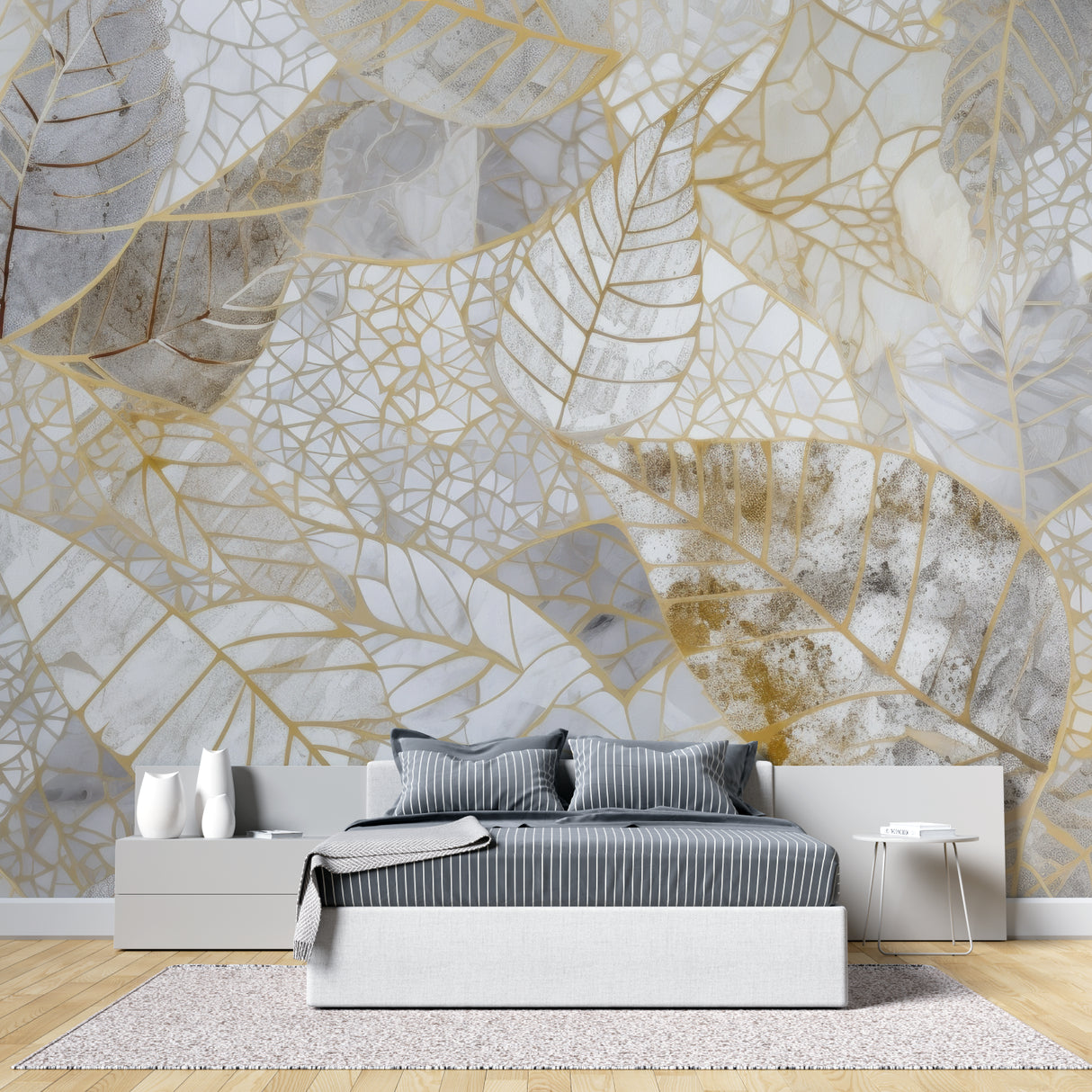 Geometric leaf pattern mural in dining room creating elegant atmosphere