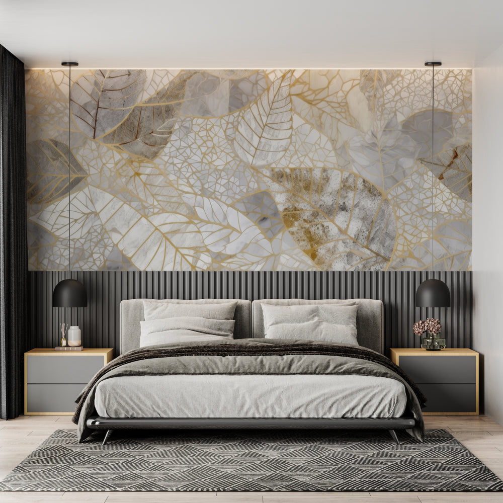 Modern gold leaf wallpaper showcased in home office with natural daylight