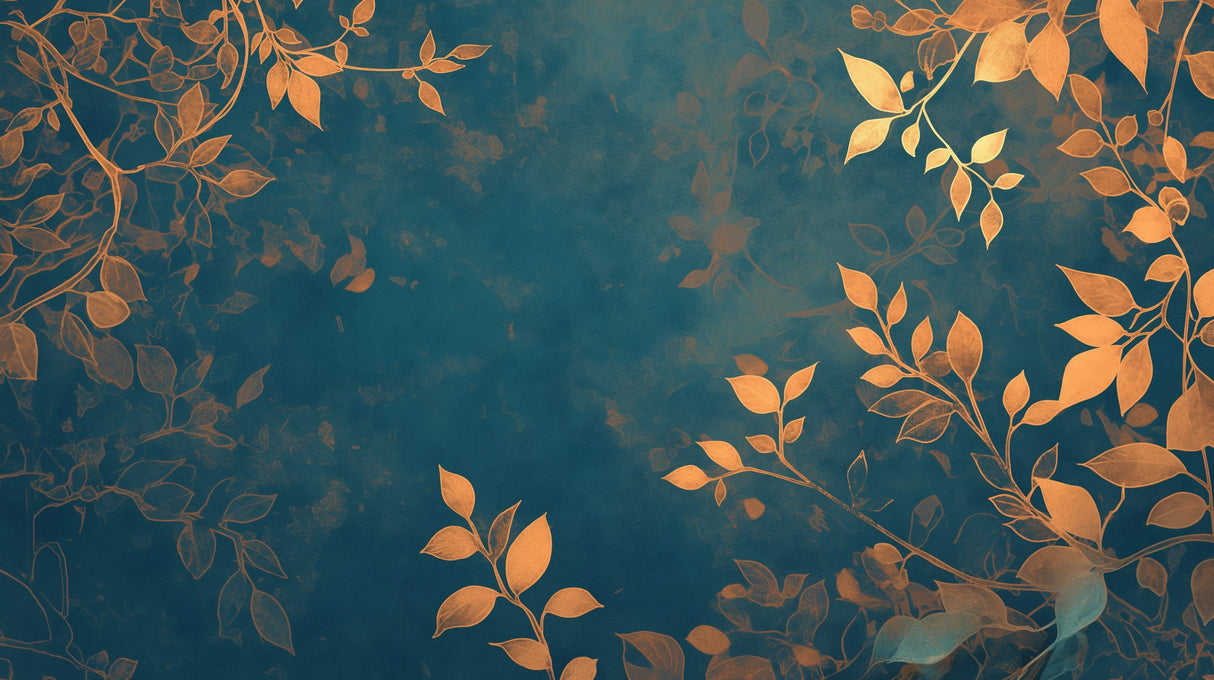 Gold leaf wallpaper in modern dining room showing metallic foliage pattern against deep blue background