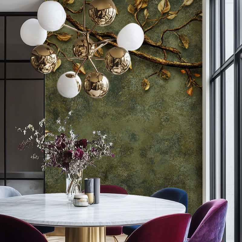 Luxury foliage wallpaper with golden leaves creating warmth in modern living room setting