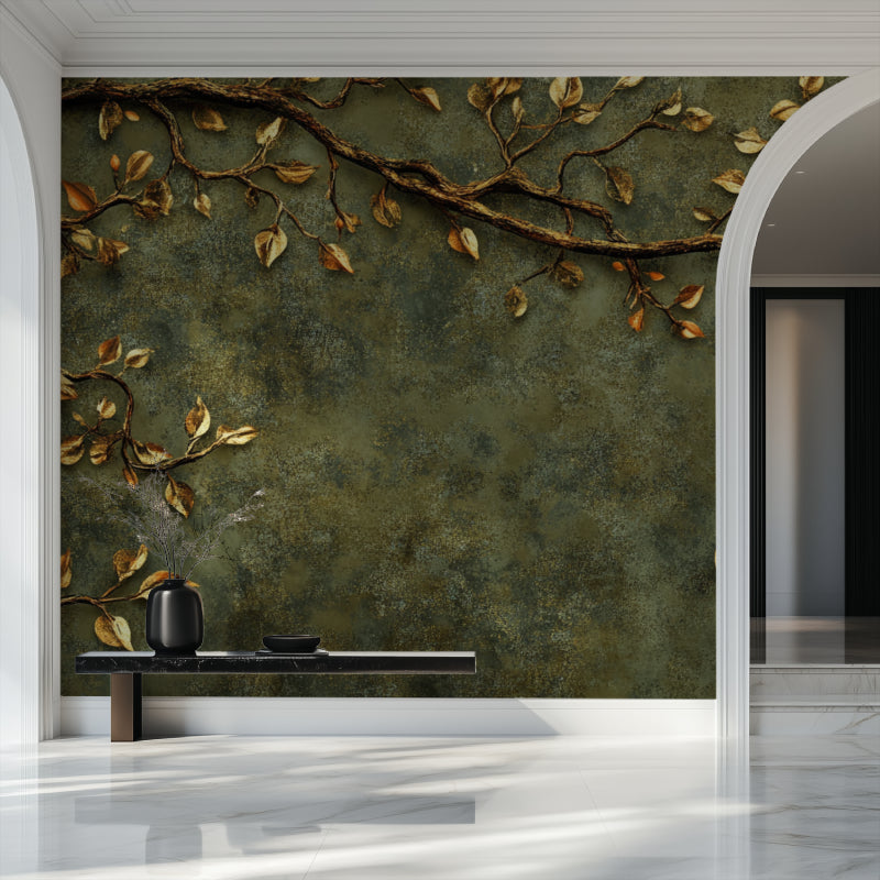 Botanical wall mural adding elegance to dining room with emerald and gold tones