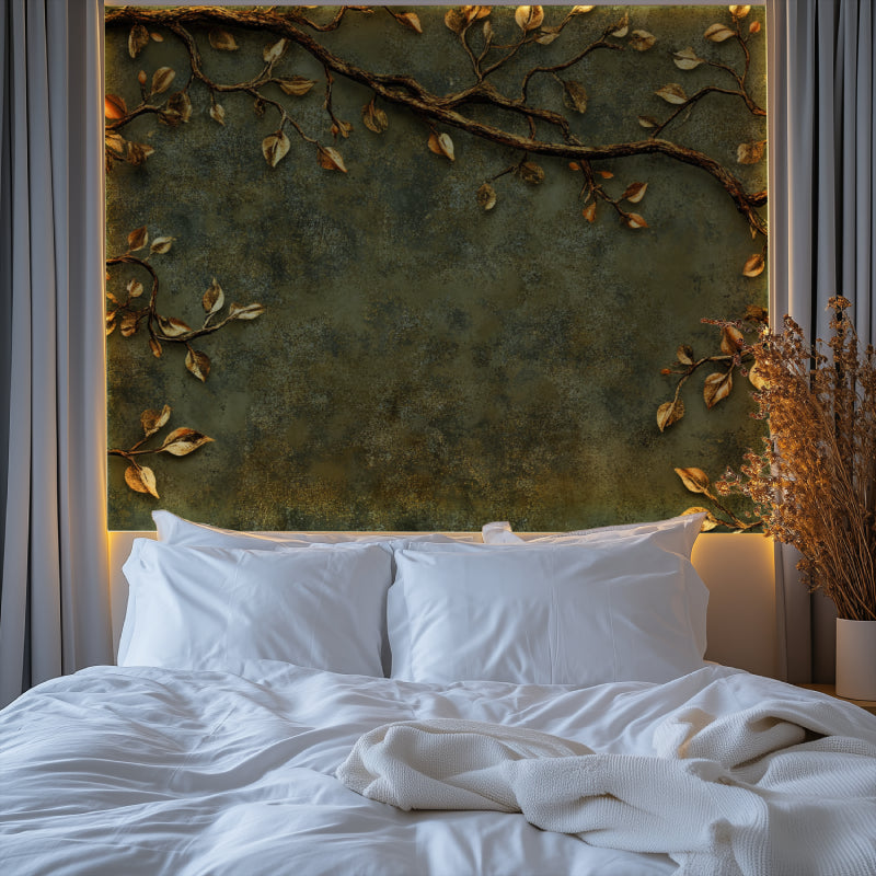 Golden leaf wallpaper making statement in home office with natural lighting