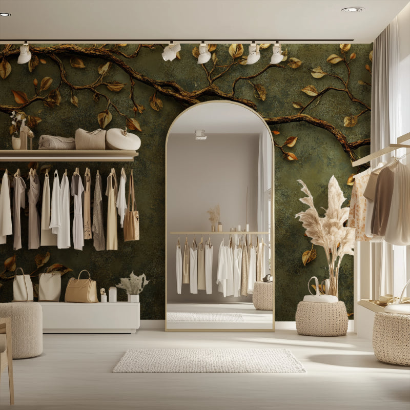 Emerald foliage wallpaper transforming entryway with golden botanical details