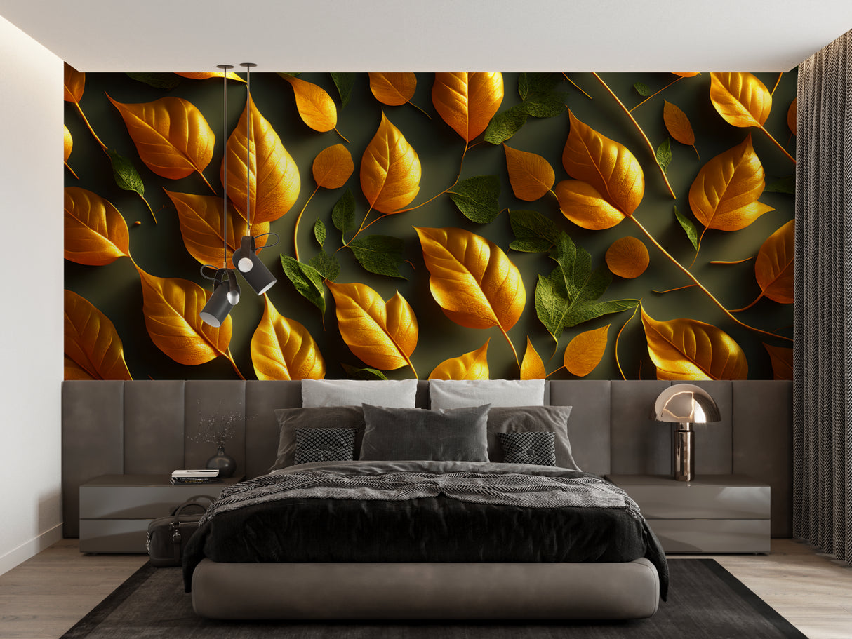 Botanical leaf wallpaper featuring golden and emerald leaves in a master bedroom with minimal furniture