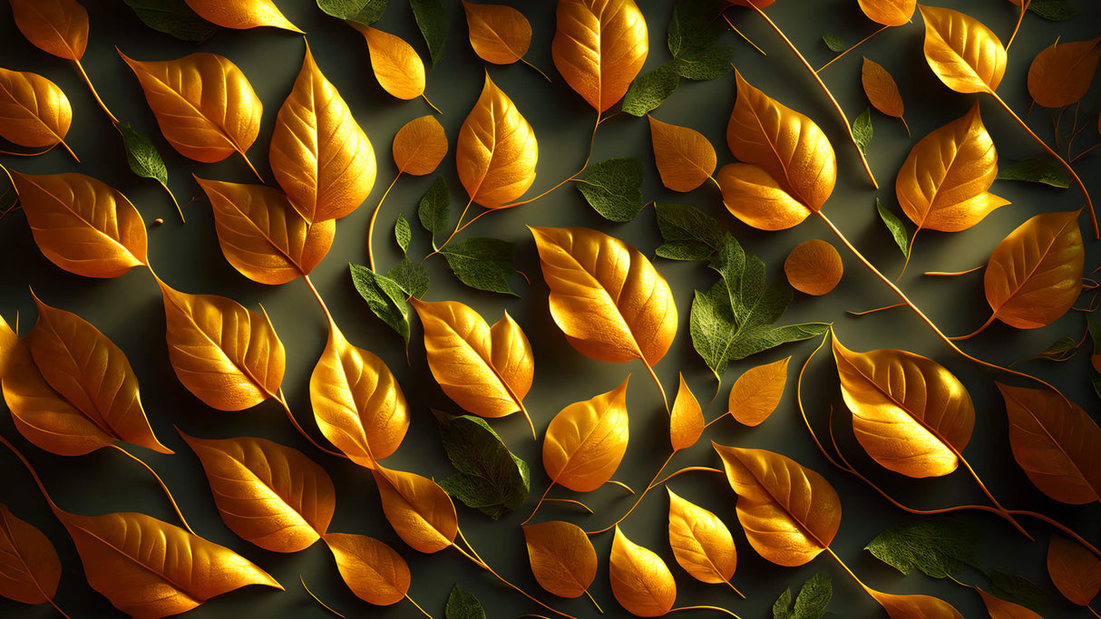 Botanical leaf wallpaper design file showing detailed golden and emerald foliage pattern