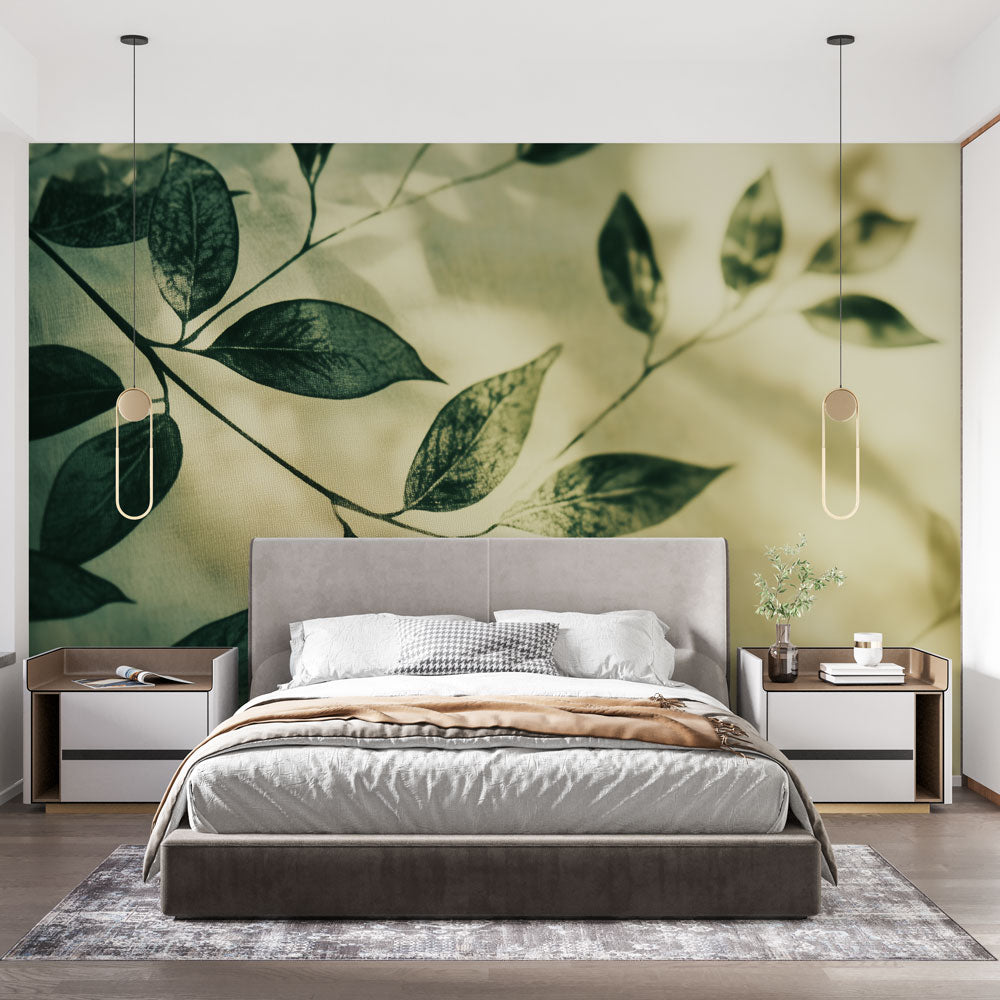 Botanical leaf wallpaper creating a serene atmosphere in a modern living room with natural light streaming through windows