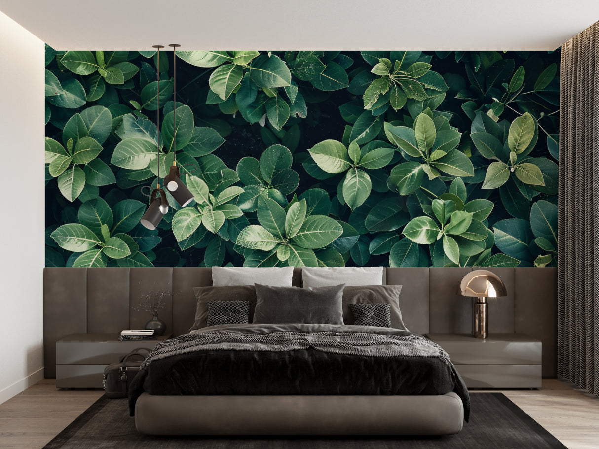 Tropical foliage wallpaper creating a peaceful atmosphere in a modern living room with natural light