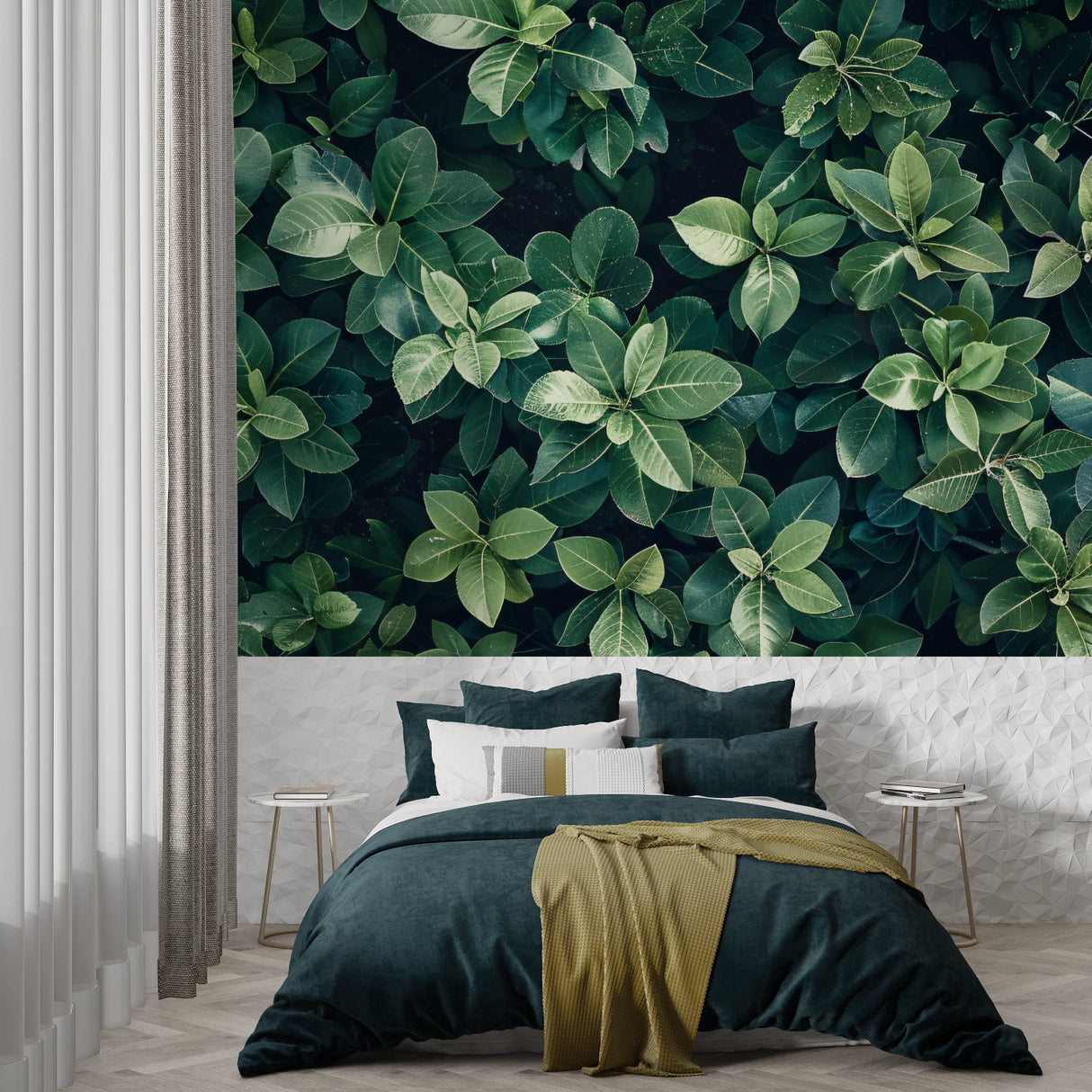 Green leaf mural wallpaper making a bedroom feel like a luxury resort spa