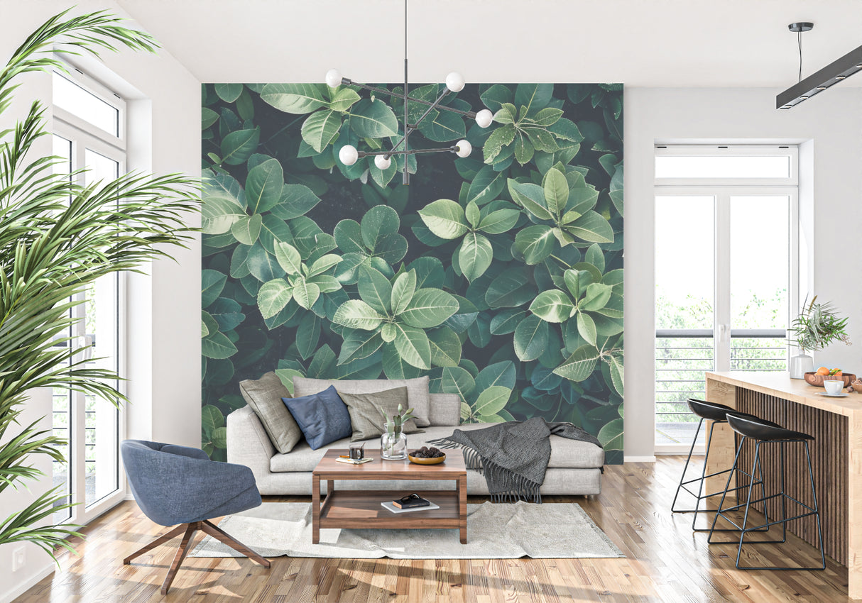 Botanical wall mural bringing nature into a home office space