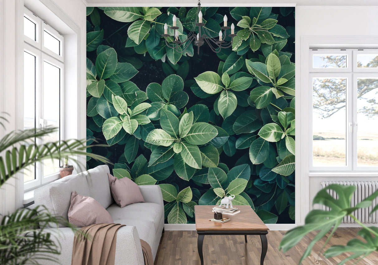 Tropical leaves wallpaper adding depth to a dining room setting