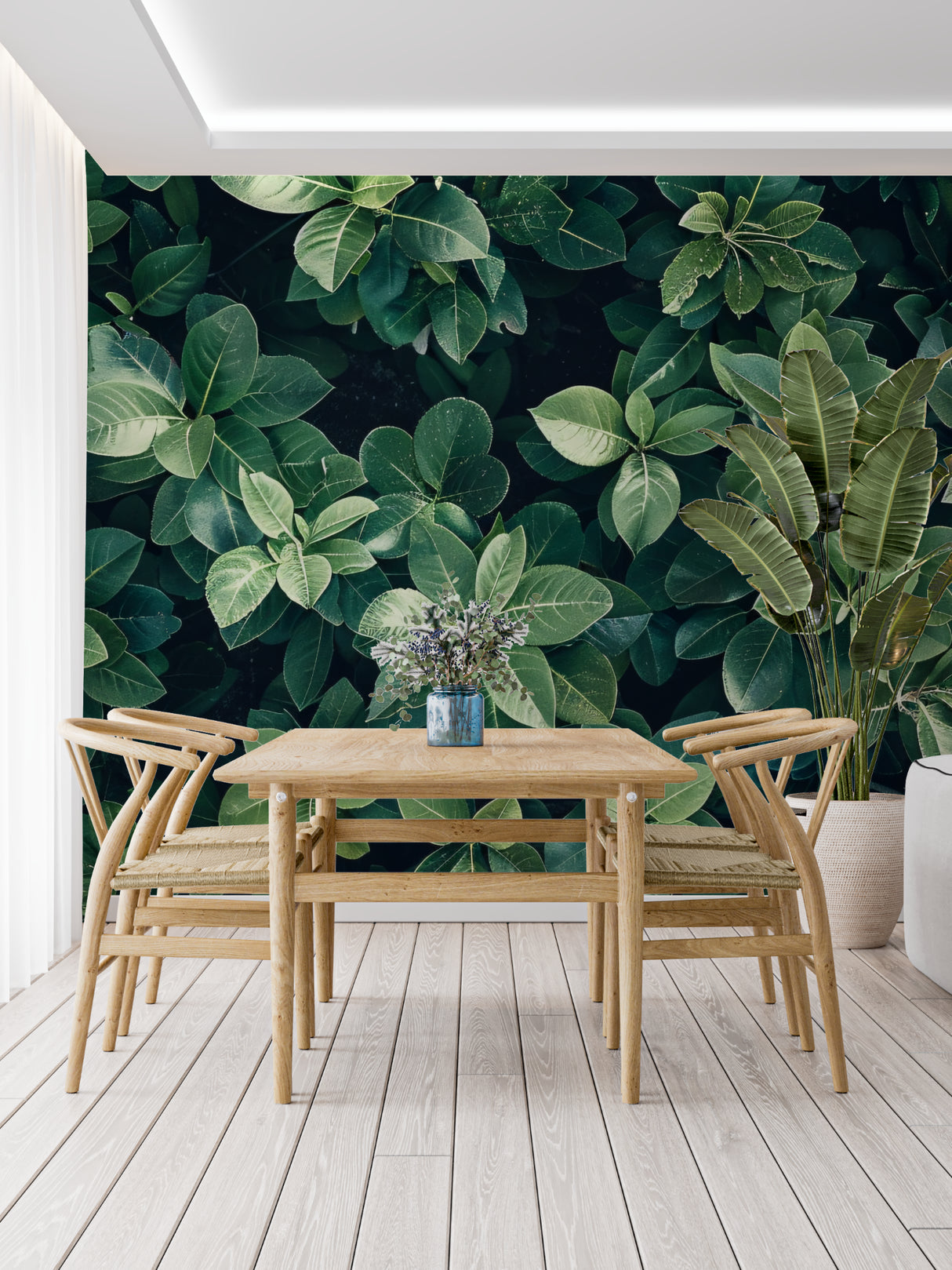 Lush green foliage mural transforming an entrance hallway
