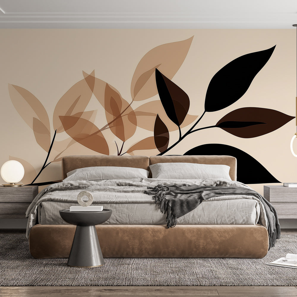 Modern minimalist leaf wallpaper creating a calming atmosphere in a bright Scandinavian living room