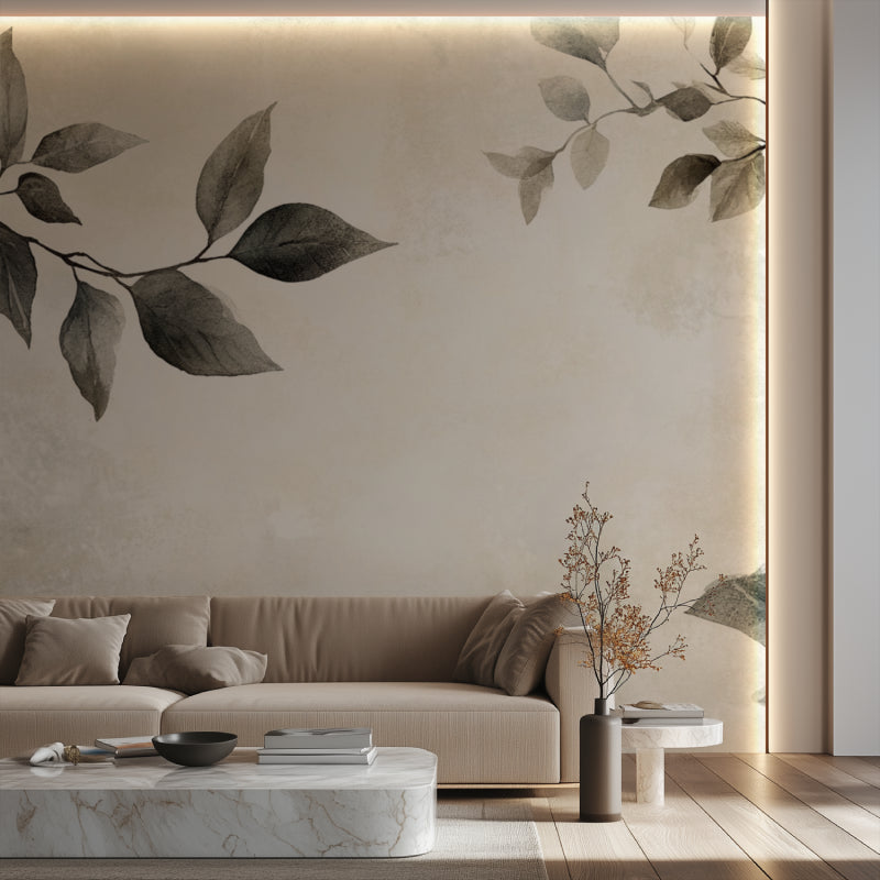 Botanical wall mural with black leaves in a contemporary bedroom setting