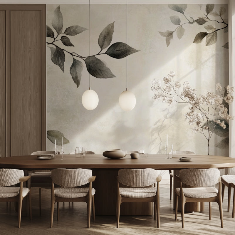 Black and beige foliage wallpaper adding sophistication to a dining room