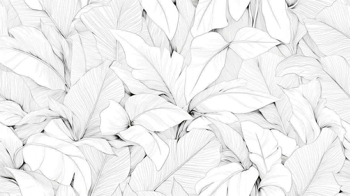 Black and white botanical line art wallpaper creating a stunning focal point in a modern living room with minimalist furniture