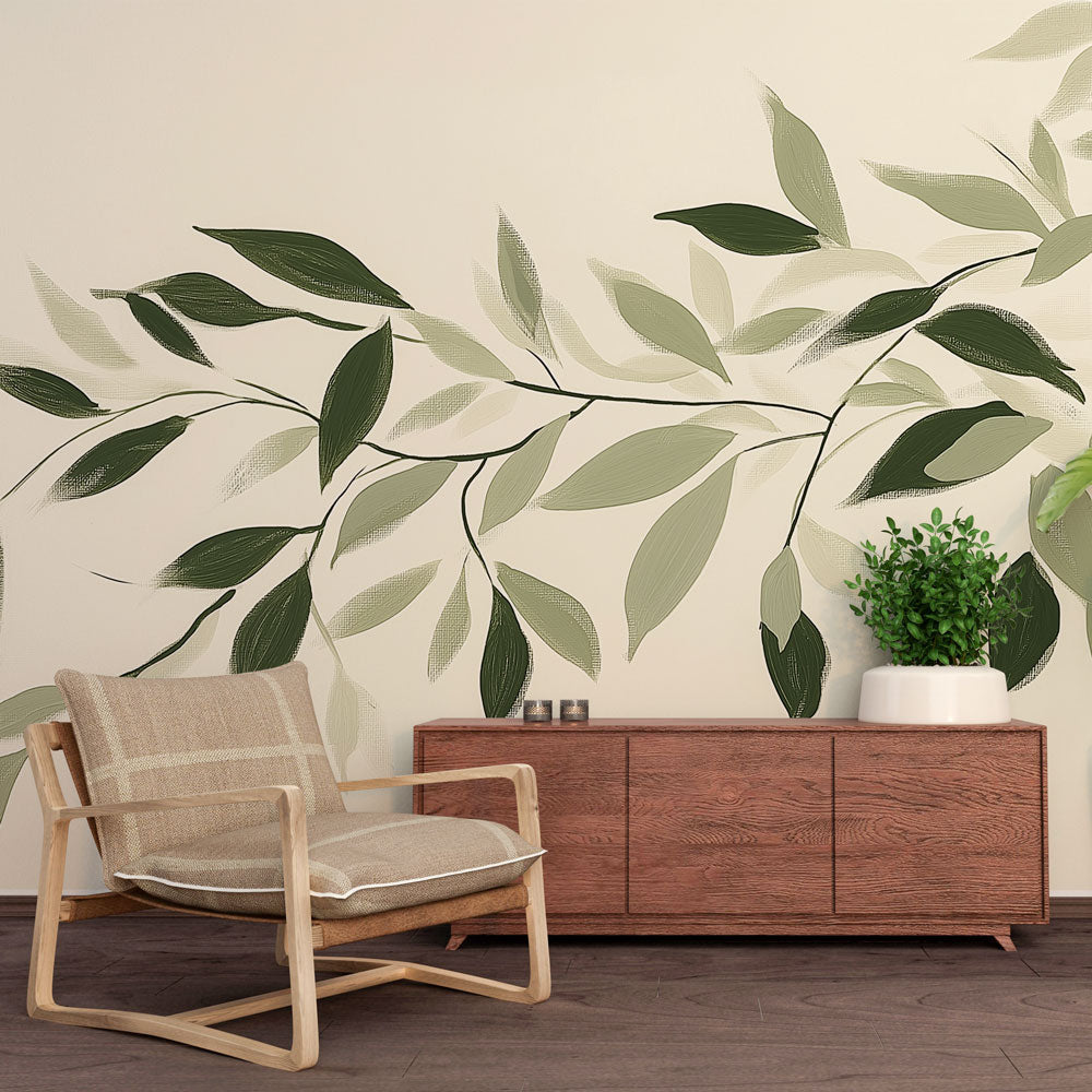 Minimalist botanical wallpaper with green leaves creating a peaceful atmosphere in a modern living room setting