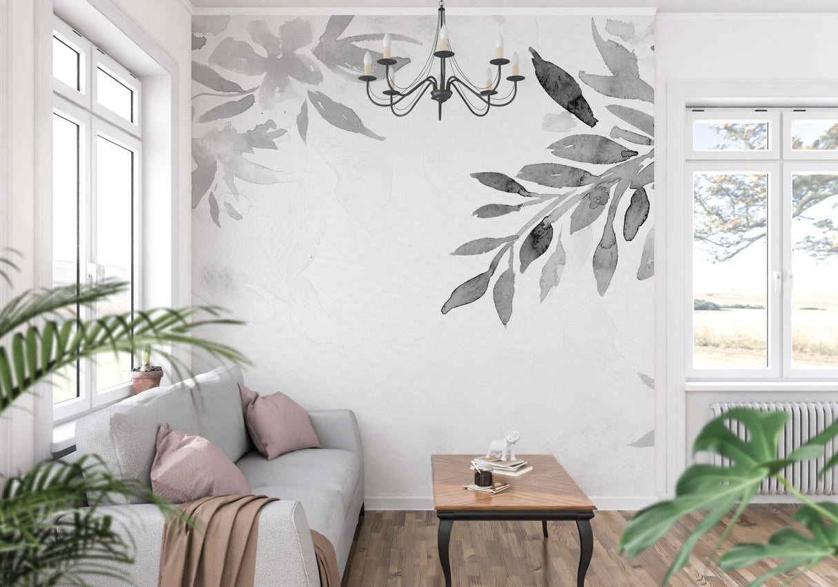 Grey watercolor leaf wallpaper in modern living room creating serene atmosphere