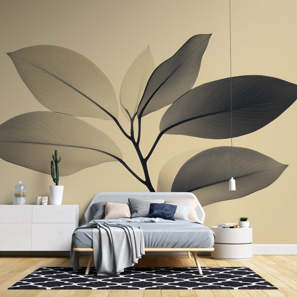 Modern botanical wall mural with grey and beige leaves creating a peaceful atmosphere in a minimalist living room setting