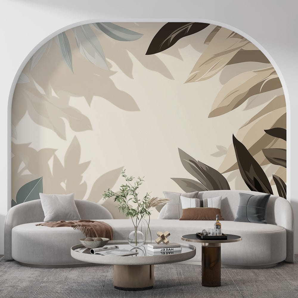 Modern leaf wallpaper creating a calm atmosphere in a bright living room with minimalist furniture