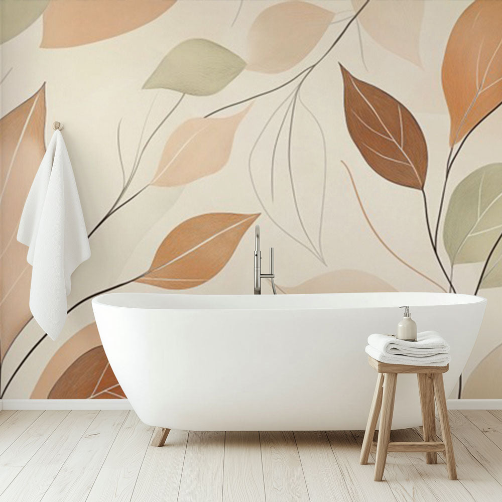 Modern Leaf Wallpaper showcased in a bright, airy living room with minimal furniture and natural light