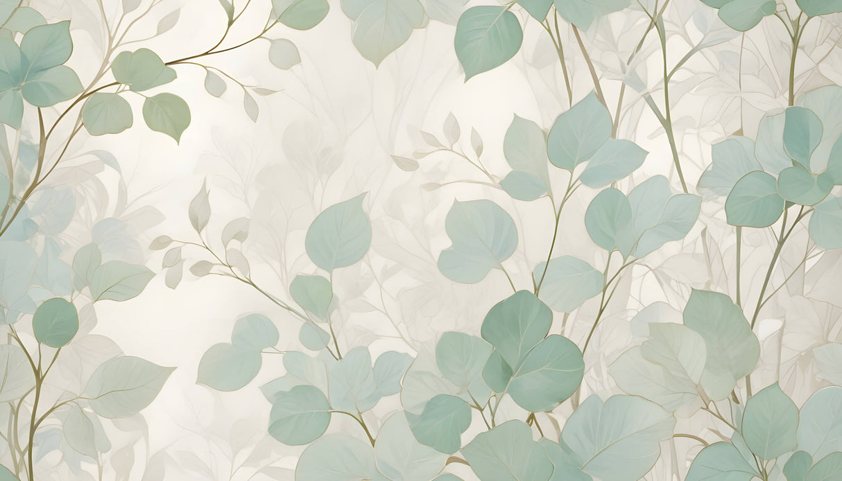 Design file of mint green botanical pattern showing detailed leaf arrangement and cream background