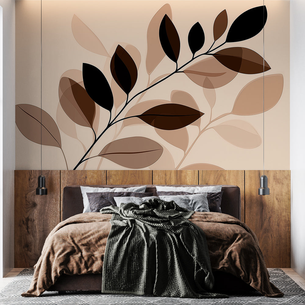 Modern Foliage Wallpaper creating a peaceful atmosphere in a minimalist living room with beige and brown tones