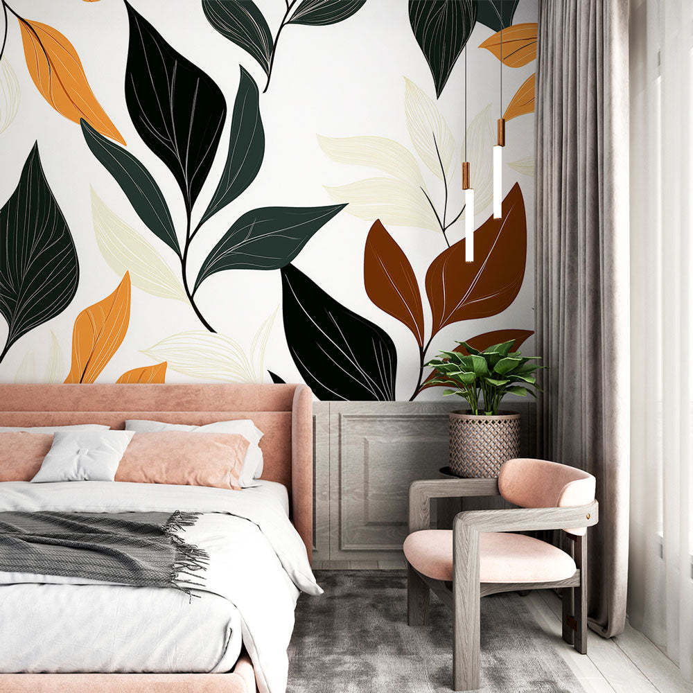 Modern Botanical Wallpaper creating a fresh vibe in a bright living room with minimal furniture
