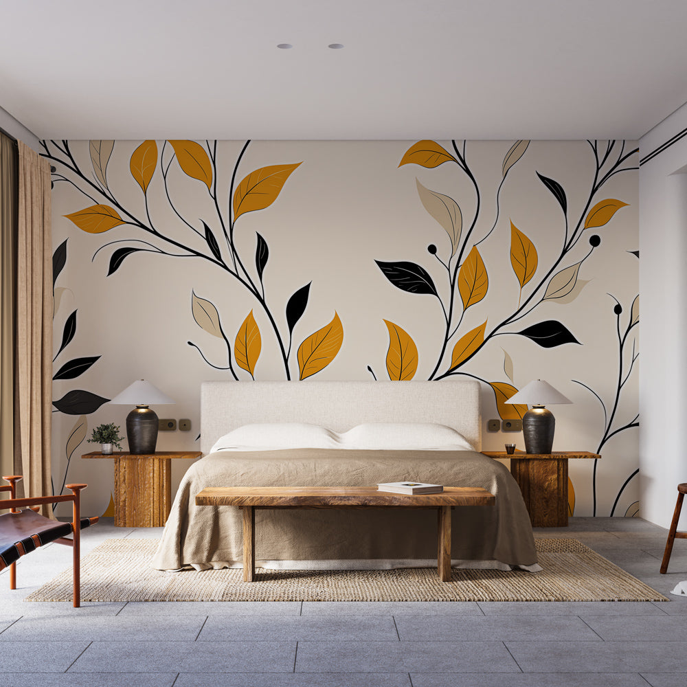 Modern leaf wallpaper bringing warmth to a minimalist living room, orange and black foliage creates depth against beige walls